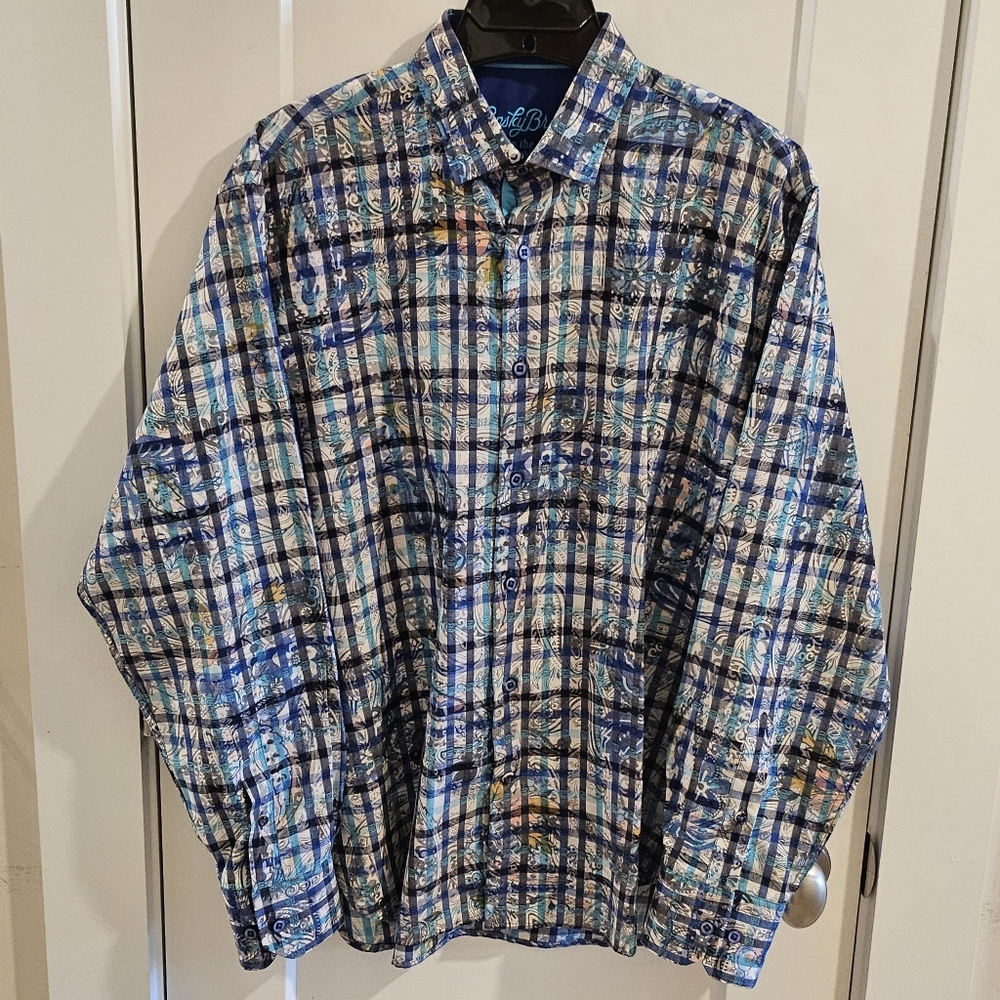 Lansky Bros Memphis Button-Down Shirt - Check Folral Plaid Print - Size Medium